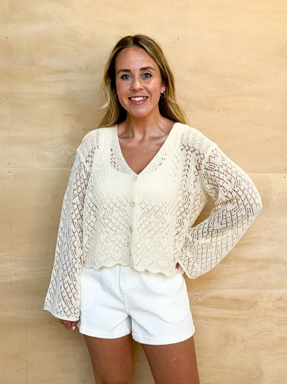 Scallop Hem Cardigan Sweater - Cream