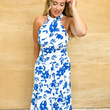 Floral Summers Halter Maxi Dress - White/Blue