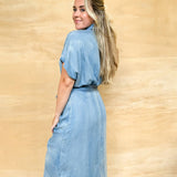 Chambray Button Down Midi Dress - Blue