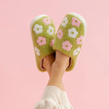 Fuzzy Slippers - Green Flower