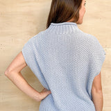 blue, mock neck, short sleeve, knit sweater