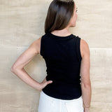 black tank, ribbed material, high neckline, thick straps, fitted 