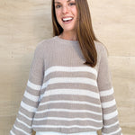 natural stripe, loose knit sweater, mix of thick and thin stripes, round neckline