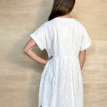 white eyelet dress, front buttons, short sleeve, v neck