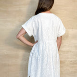 white eyelet dress, front buttons, short sleeve, v neck