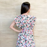 floral dress, ruffle sleeve, mini length, black bow detail on the front, v neck line