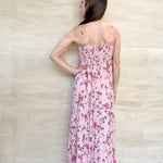pink floral maxi dress, spaghetti straps, empire waistline, pleated skirt 