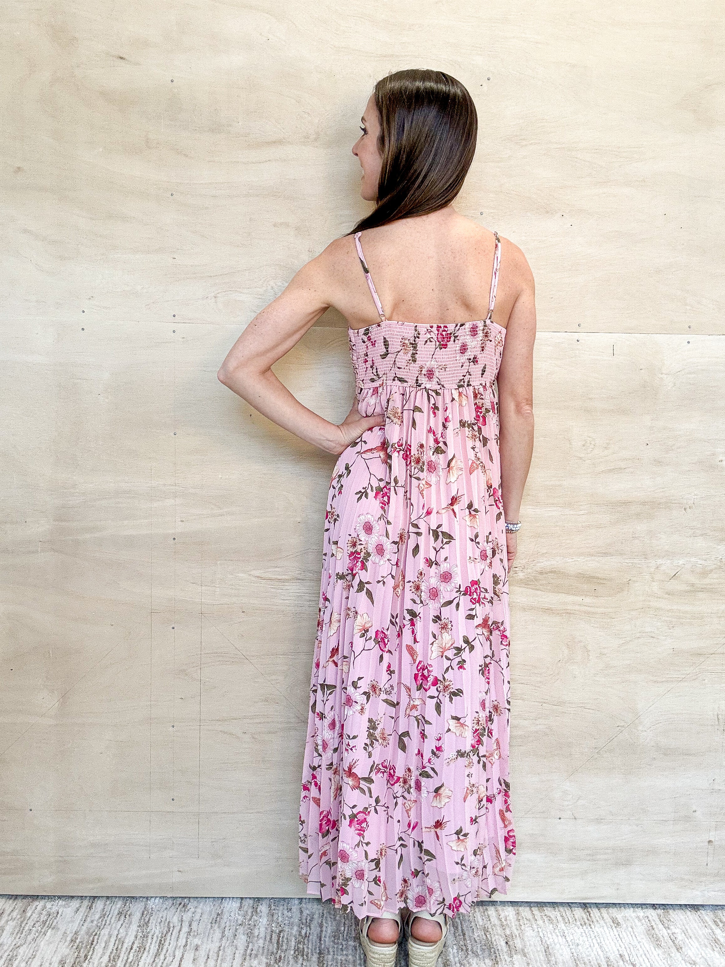 pink floral maxi dress, spaghetti straps, empire waistline, pleated skirt 
