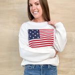 white ivory sweater, american flag, embroidered, knit, round neck