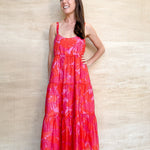 red and pink tropical pattern, tiered maxi dress, thick spaghetti straps