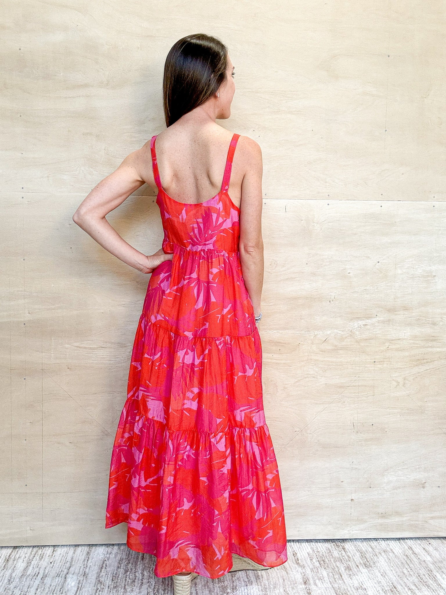 red and pink tropical pattern, tiered maxi dress, thick spaghetti straps