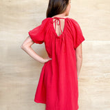 red gauze dress, short sleeve, buttons down the front, round neckline, mini length