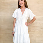 white gauze linen dress, v neckline, short eleeve, lightweight dress