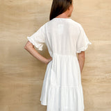 white gauze linen dress, v neckline, short eleeve, lightweight dress