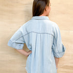 denim short sleeve shirt, front pocket, button up, loose fitting