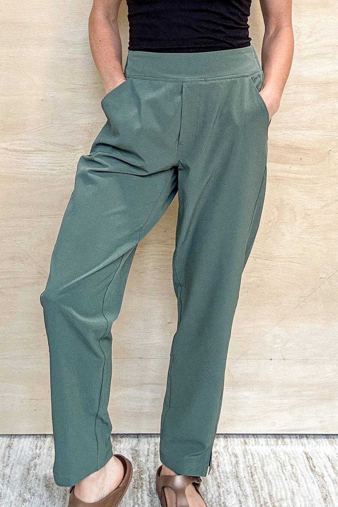 green stretch pants, thick waistband, pockets, waffle material, 