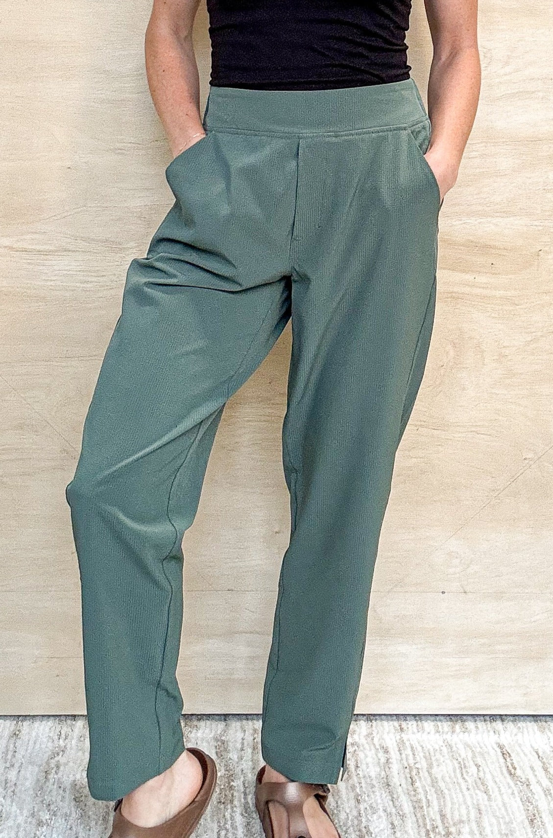 green stretch pants, thick waistband, pockets, waffle material, 