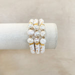 white and camel speckled, three pearl beads separated with gold beads, handmade
