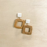 rattan earring, square , open square, lightweight, white bead