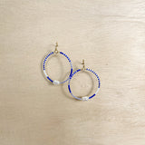 blue beaded hoop earrings, pearl accent