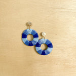 blue raffia hoop earrings, gold circle base, shades of blue