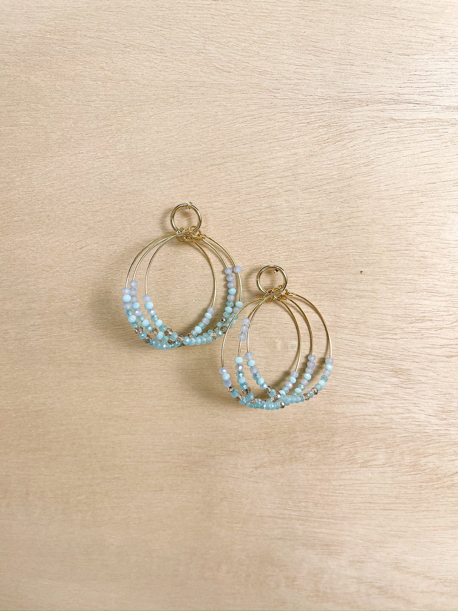 blue gold stone earring, duel hoops, circle base, accent earring ac