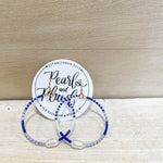 blue beaded hoop earrings, pearl accent