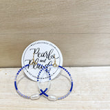 blue beaded hoop earrings, pearl accent