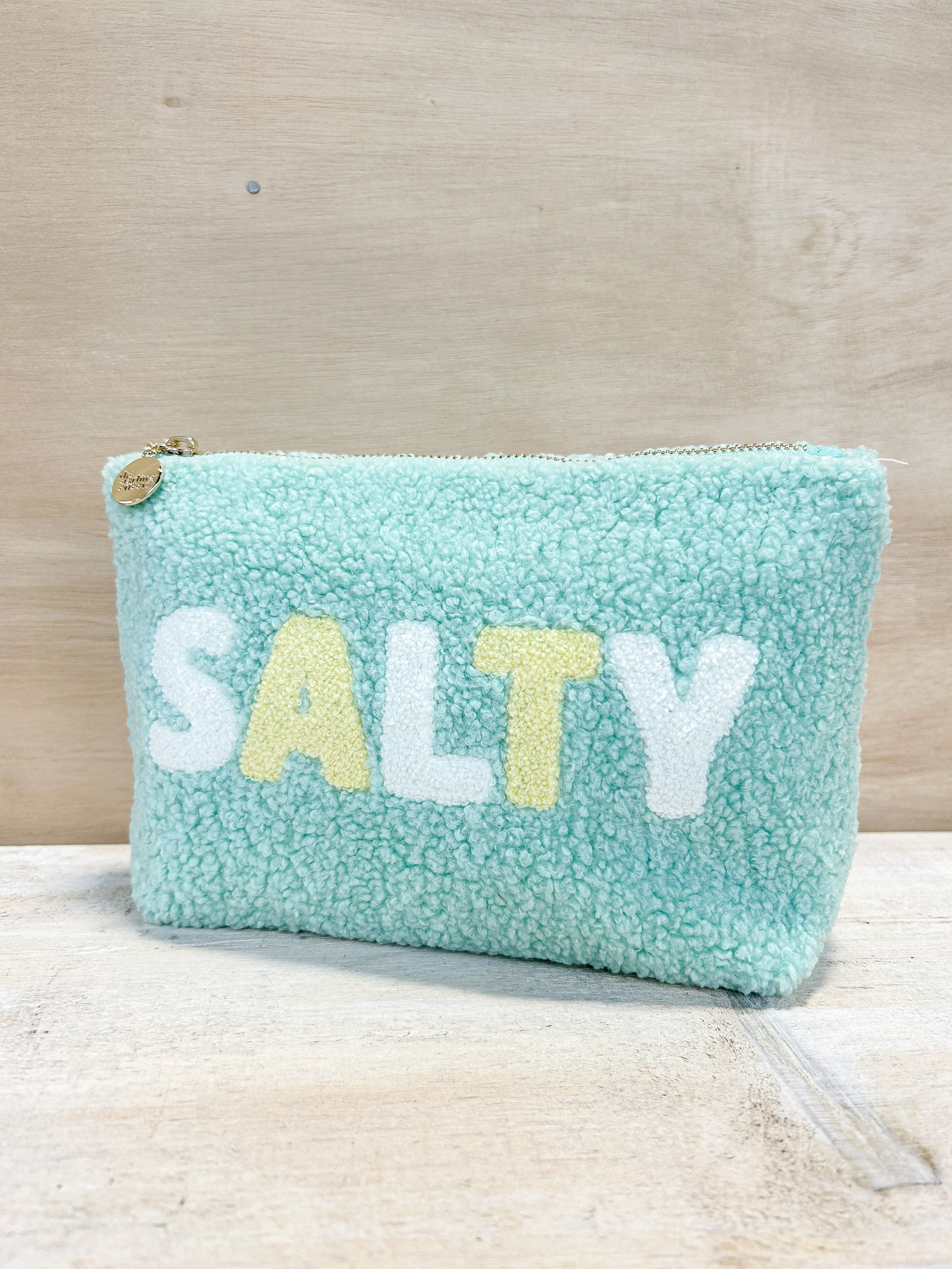 Salty teddy pouch, sherpa material, zipper closure,  checkered inside