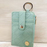sage green woven keychain wallet, gold hardware, zipper closure