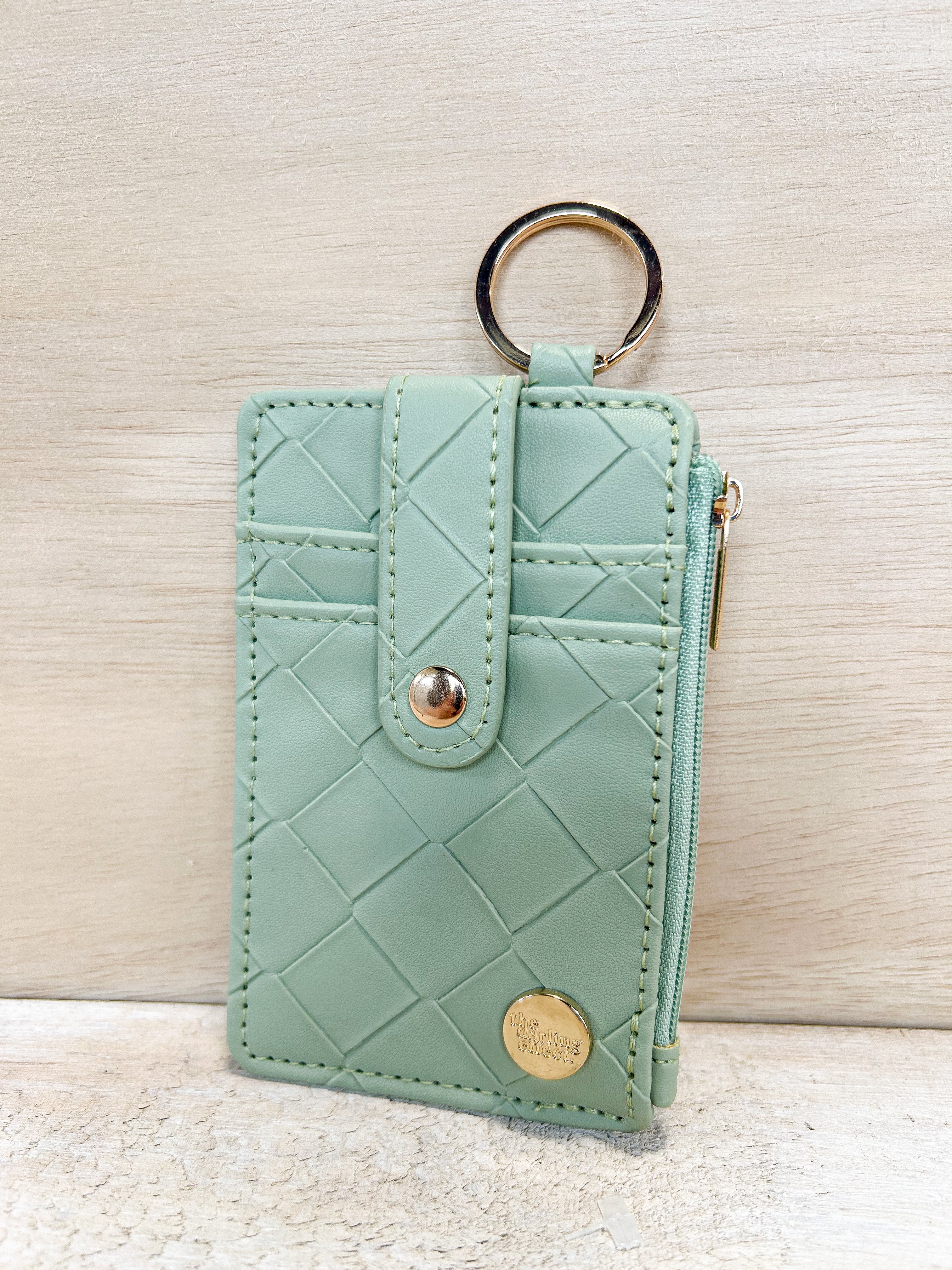 sage green woven keychain wallet, gold hardware, zipper closure