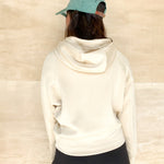 neutral tan cropped hoodie, drawstrings for the neckline, wide waistband