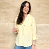 Yellow gauze button down, tortoise buttons down the front and on the sleeve, double lined, collared, relaxed fit