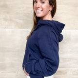 Navy hoodie, quarter front zipper, large front pocket, oversized cropped fit