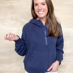 Navy hoodie, quarter front zipper, large front pocket, oversized cropped fit